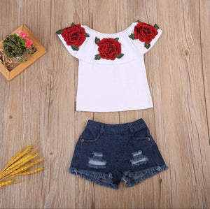 Rose white top with jean shorts